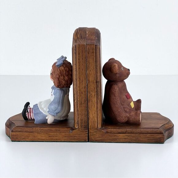 Vintage LEONARD UNRUH Raggedy Ann And Teddy Bear Ceramic And Wood Bookends - Picture 4 of 10